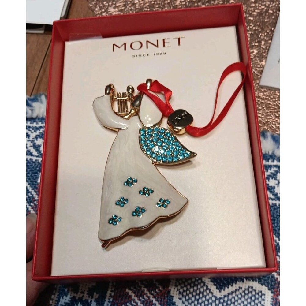 Monet Angel Harp‎ Ornament Pendant White Enamel Blue Rhinestone Christmas